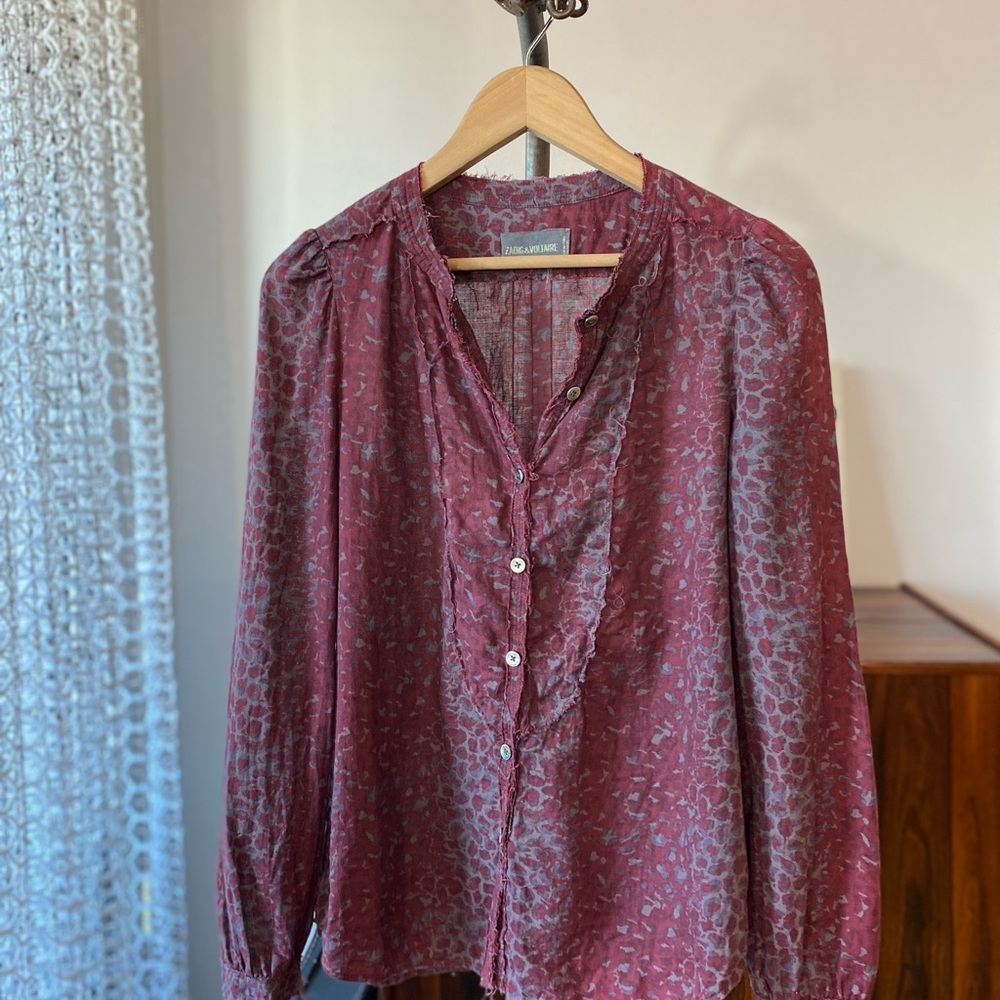Zadig & Voltaire Burgundy and Gray Printed Silk Blouse